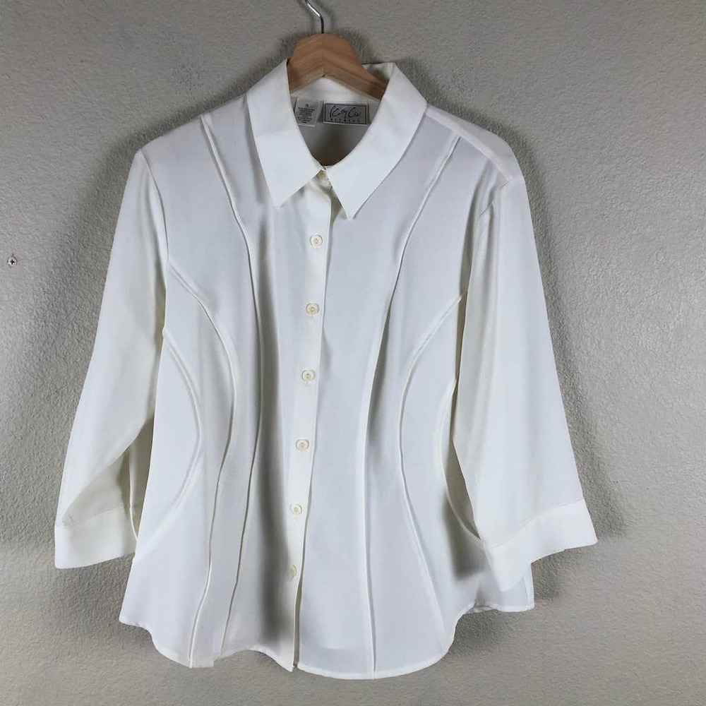 Kathy Che‎ Shirt Womens 14 Cream Button Up Collared Pleated Seams Stretch